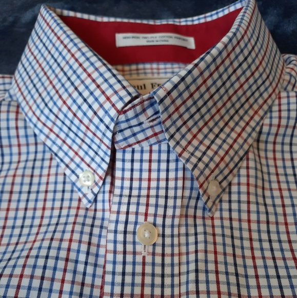 Paul Fredrick White/Blue/Red Check Button Down Long Sleeve Shirt Size 16.5- 35 - Picture 1 of 8